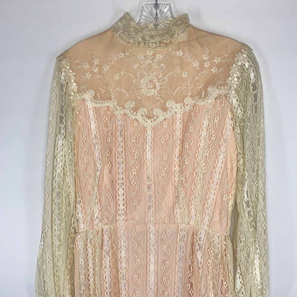 Vintage Alfred Angelo 60's Pink White Lace Long Sleeve High Neck Pioneer Dress - Picture 2 of 16